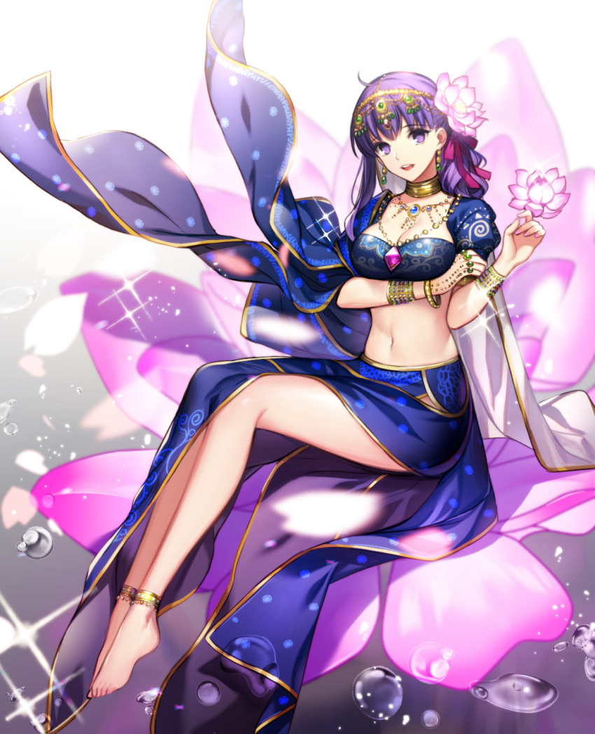 +_+, 1girl, barefoot, earrings, eu_(euspia), fate/grand_order, fate_(series), flower