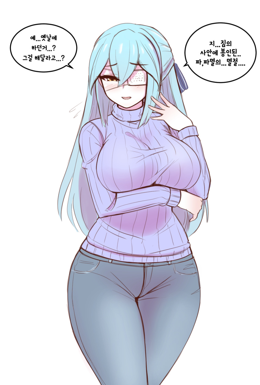 1girl, bangs, black_eyepatch, breasts, denim, eyebrows_visible_through_hair, flying_sweatdrops, hair_between_eyes, hair_ribbon, highres, jeans, korean_text, large_breasts, last_origin, long_hair, lrl_(last_origin), manme, older, pants, purple_sweater, ribbed_sweater, ribbon, simple_background, solo, sweater, turtleneck, turtleneck_sweater, white_background, wide_hips