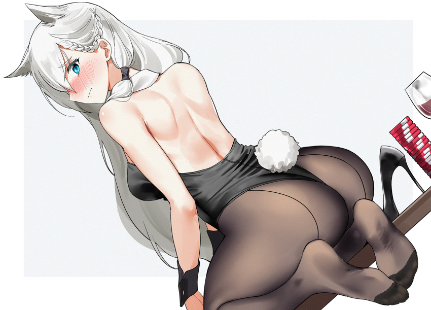 1girl, alcohol, animal_ears, ass, back, bare_shoulders, black_footwear, black_leotard