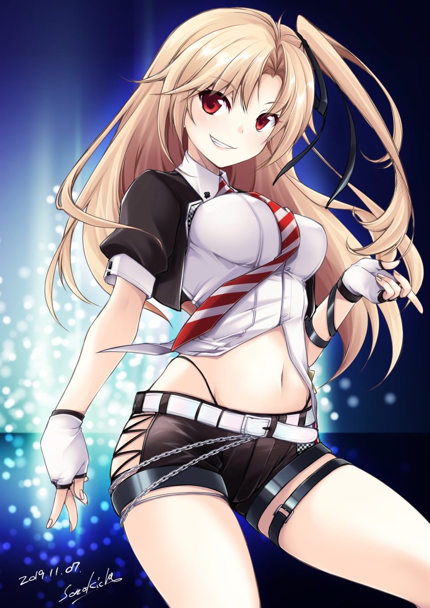 1girl, azur_lane, bangs, black_ribbon, black_shorts, blonde_hair, breasts, buttons