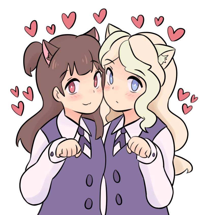 2girls, animal_ears, blonde_hair, blue_eyes, blush, brown_hair, cailin_(poptrt), cat_ears