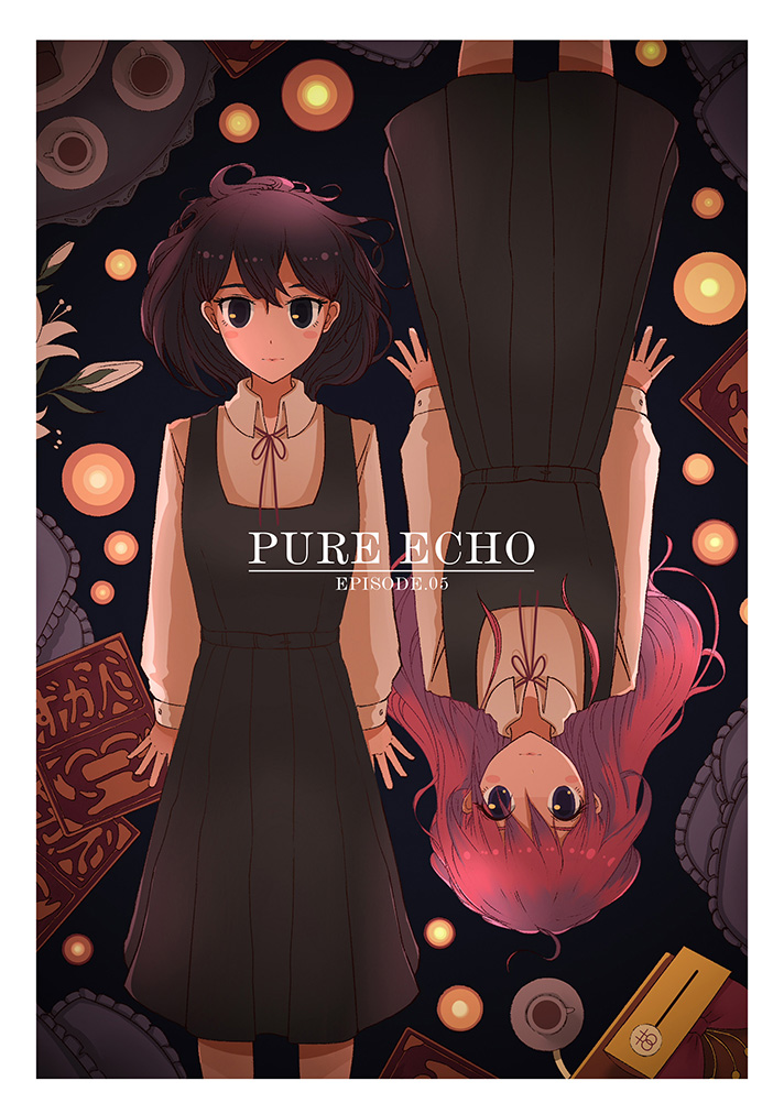 2girls, blush_stickers, border, closed_mouth, commentary, dress, english_text, episode_number