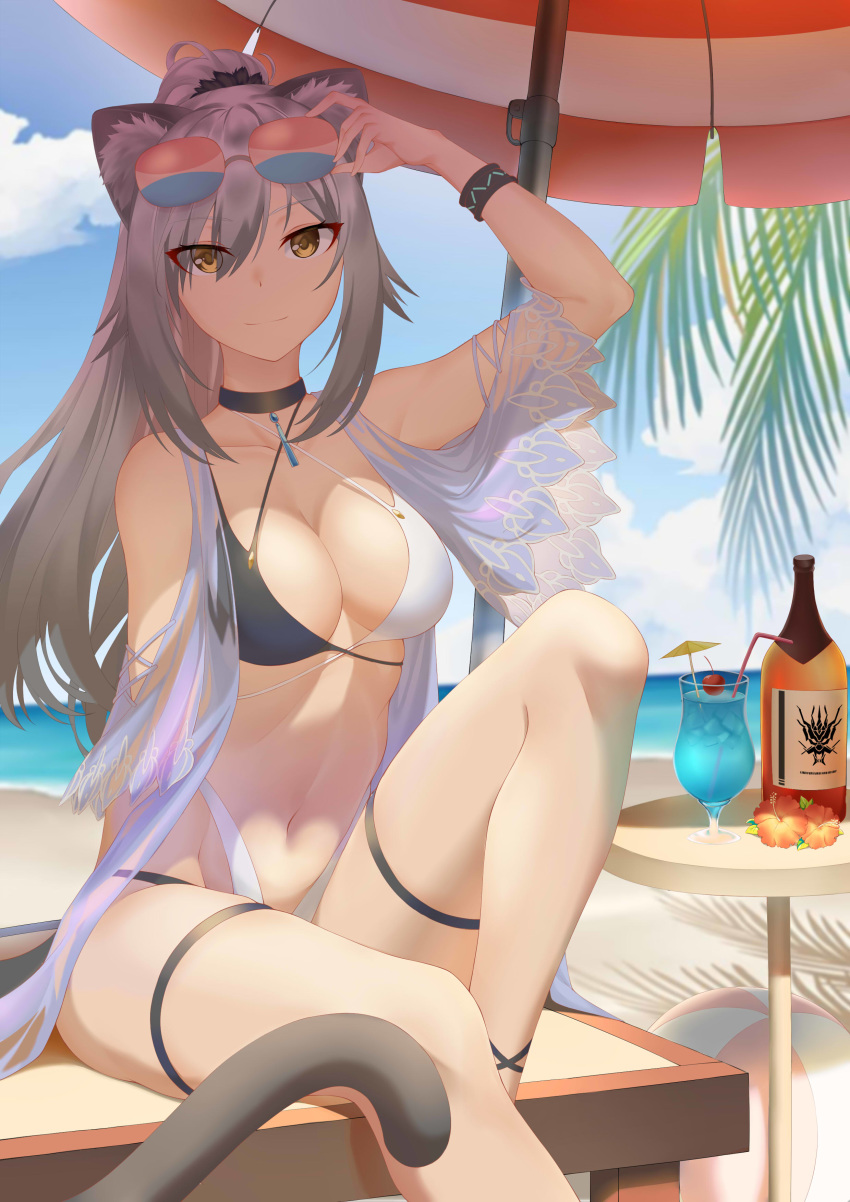 1girl, absurdres, arknights, arm_up, bangs, bare_legs, bare_shoulders, beach_umbrella