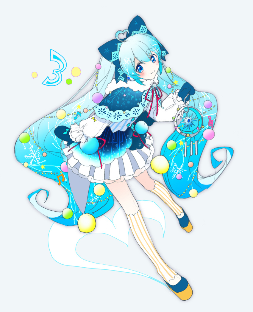 1girl, agonasubi, ahoge, blue_bow, blue_capelet, blue_eyes, blue_hair, blue_mittens