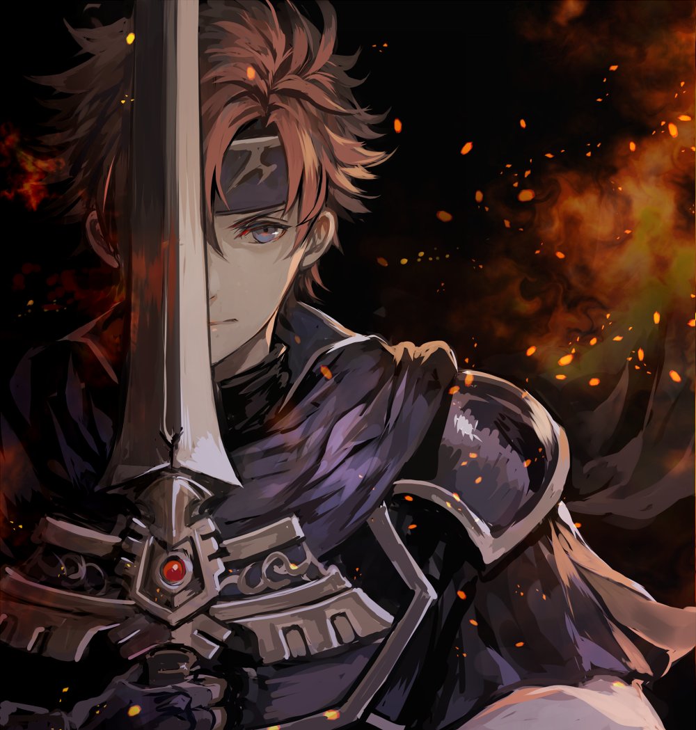 1boy, armor, binding_blade_(weapon), black_background, blue_cape, blue_eyes, blue_gloves, cape
