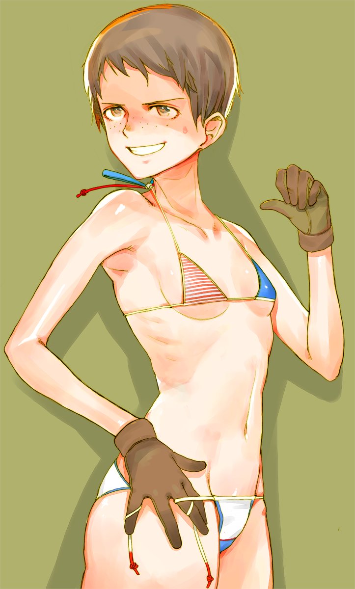 1girl, american_flag_bikini, bangs, bikini, blush, breasts, brown_eyes, brown_hair, commentary, cowboy_shot, flag_print, freckles, girls_und_panzer, green_background, grin, groin, hand_on_hip, highres, looking_to_the_side, micro_bikini, naomi_(girls_und_panzer), navel, pointing, pointing_at_self, ribs, shadow, short_hair, side-tie_bikini, simple_background, small_breasts, smile, solo, standing, sweatdrop, swimsuit, takahashi_kenji, untied, untied_bikini, very_short_hair