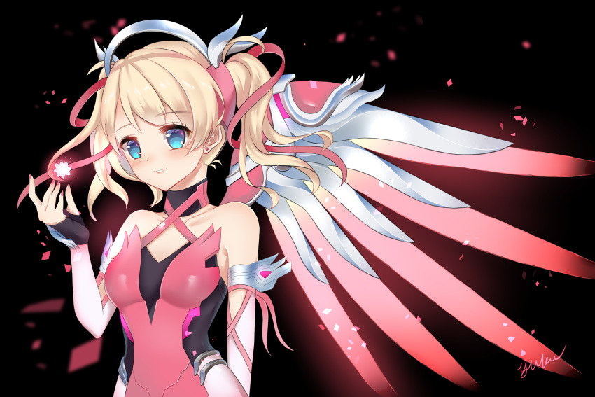 1girl, absurdres, alternate_costume, alternate_hairstyle, arm_at_side, artist_name, awareness_ribbon, black_background