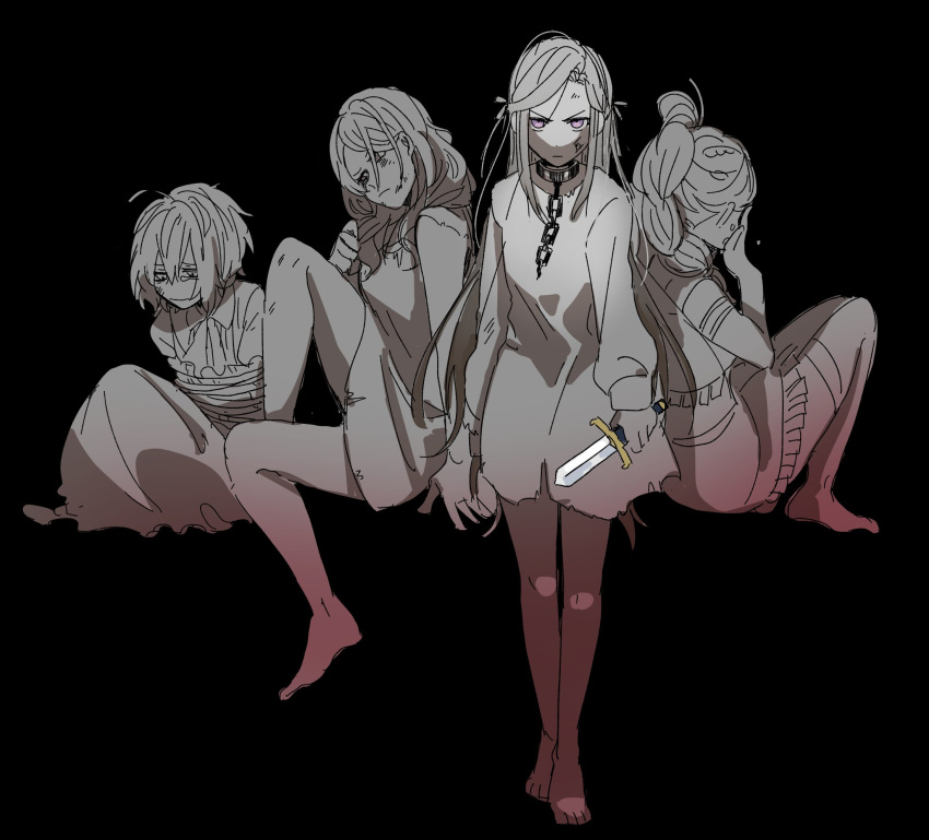 4girls, barefoot, bernadetta_von_varley, black_background, bound, chain, closed_mouth, collar, dagger, dorothea_arnault, edelgard_von_hresvelg, fire_emblem, fire_emblem:_three_houses, hair_ribbon, highres, hirunesukix, holding, holding_dagger, holding_weapon, long_hair, long_sleeves, monochrome, multiple_girls, petra_macneary, ponytail, ribbon, rope, short_hair, simple_background, sitting, spot_color, tied_up, violet_eyes, weapon, younger