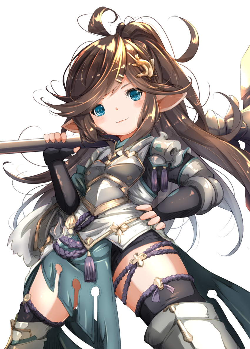 1girl, ahoge, armor, bike_shorts, black_hair, blue_eyes, boots, breastplate, commentary, demimushi, elbow_pads, fingerless_gloves, gloves, granblue_fantasy, hair_ornament, hairpin, hammer, hand_on_hip, harvin, highres, long_hair, looking_at_viewer, pointy_ears, polaris_(granblue_fantasy), ponytail, simple_background, smile, solo, thigh-highs, thigh_boots, white_background