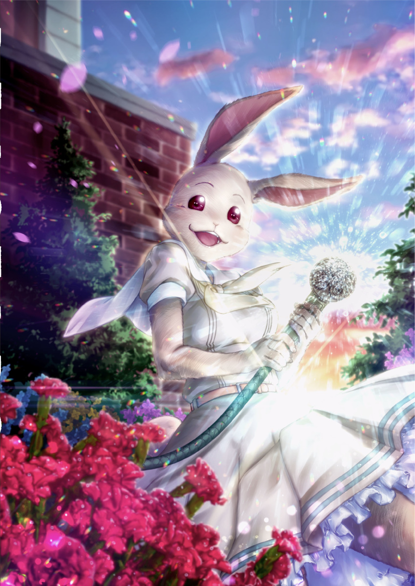 absurdres, beastars, blue_sky, blurry, blurry_background, brick_wall, bunny_girl, cherryton_school_uniform