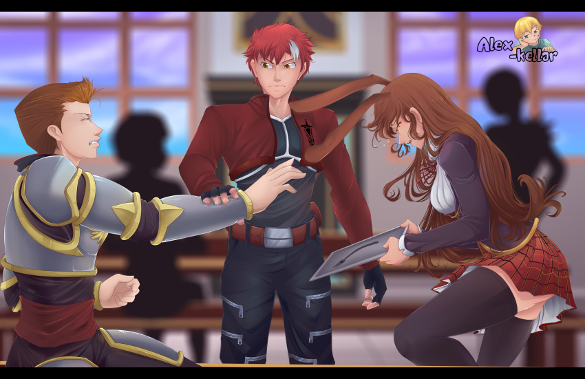 1girl, 2boys, alex_kellar, animal_ears, armor, beret, black_hair, blazer, blouse, breasts, brown_eyes, brown_hair, bunny_girl, cardin_winchester, commentary, commission, crossover, emiya_shirou, english_commentary, fate/stay_night, fate_(series), hat, highres, jacket, long_hair, multicolored_hair, multiple_boys, neck_ribbon, orange_hair, pantyhose, plaid, plaid_skirt, rabbit_ears, ribbon, rwby, school_uniform, short_hair, skirt, streaked_hair, thigh-highs, velvet_scarlatina, white_blouse, white_hair, yellow_eyes