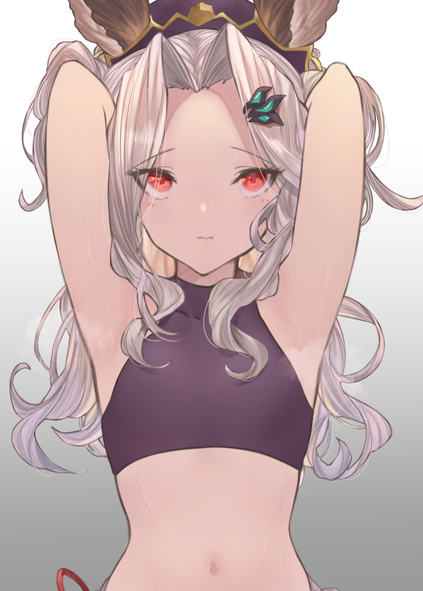 1girl, animal_ears, armpits, arms_behind_head, arms_up, betabeet, blush, closed_mouth