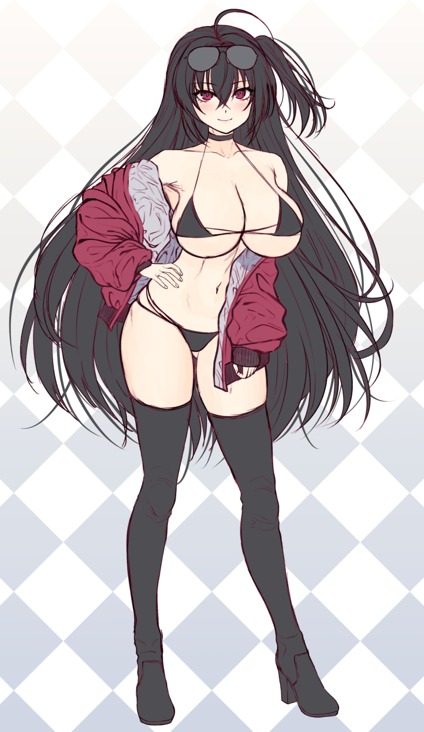 1girl, ahoge, argyle, argyle_background, azur_lane, bangs, bikini, black_bikini