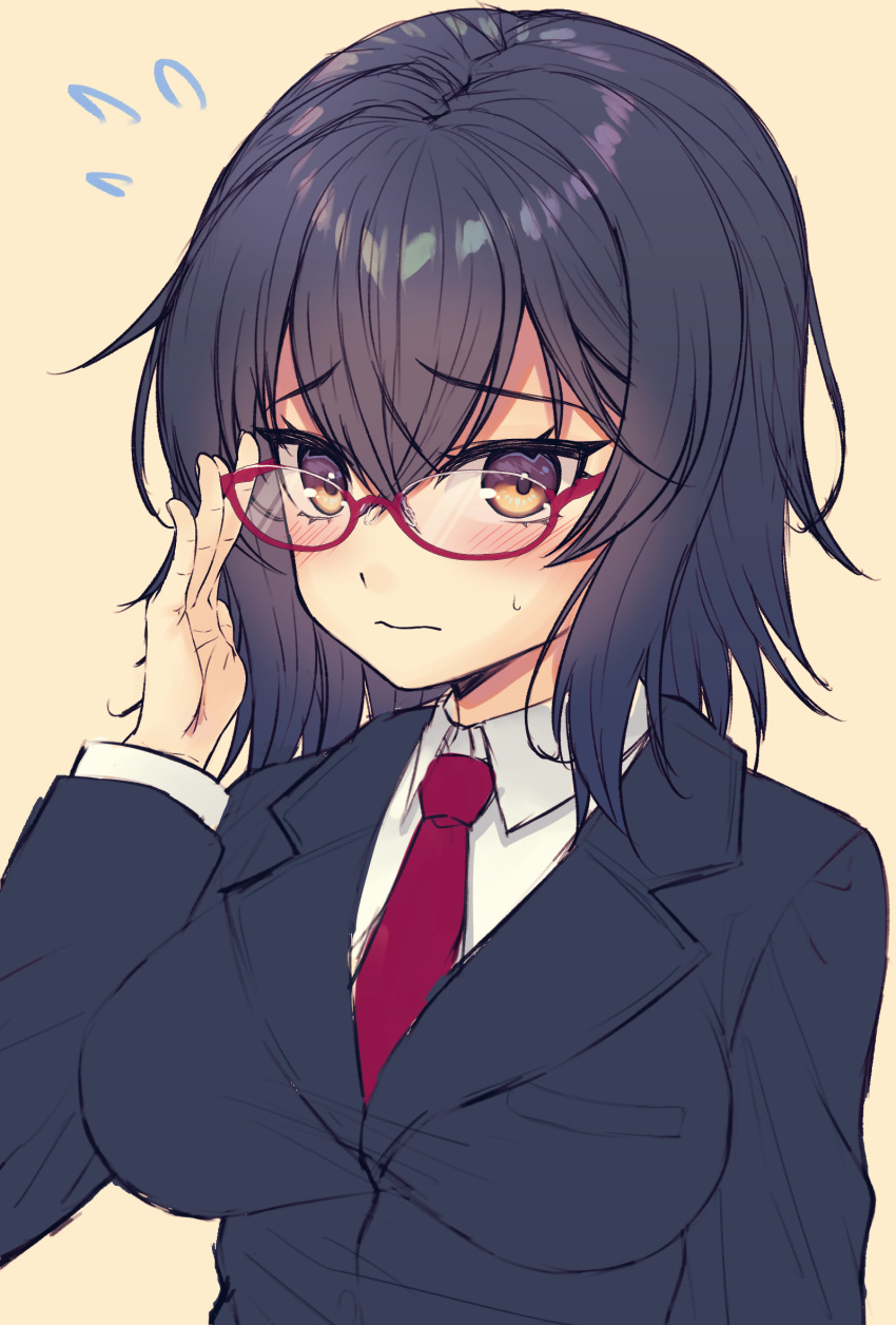 1girl, adjusting_eyewear, bangs, black_hair, blush, borrowed_character, breasts, closed_mouth
