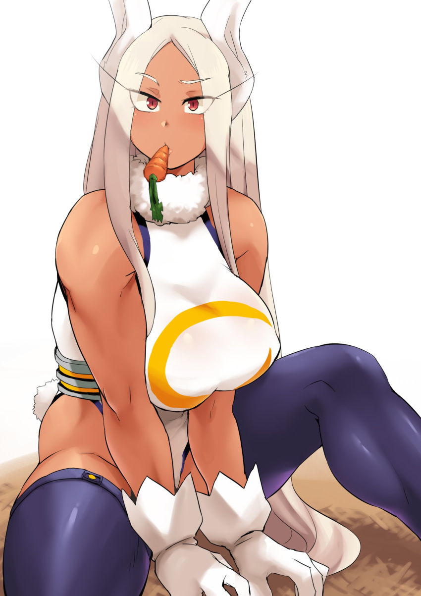 1girl, animal_ears, bangs, biceps, blue_legwear, blush, boku_no_hero_academia, breasts