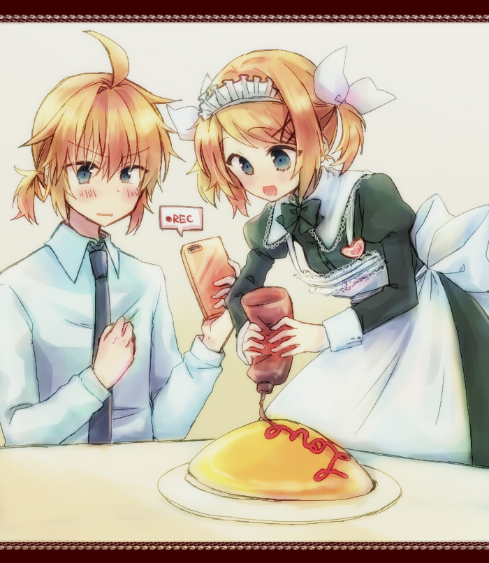1boy, 1girl, apron, black_dress, blonde_hair, blue_eyes, blush, bottle