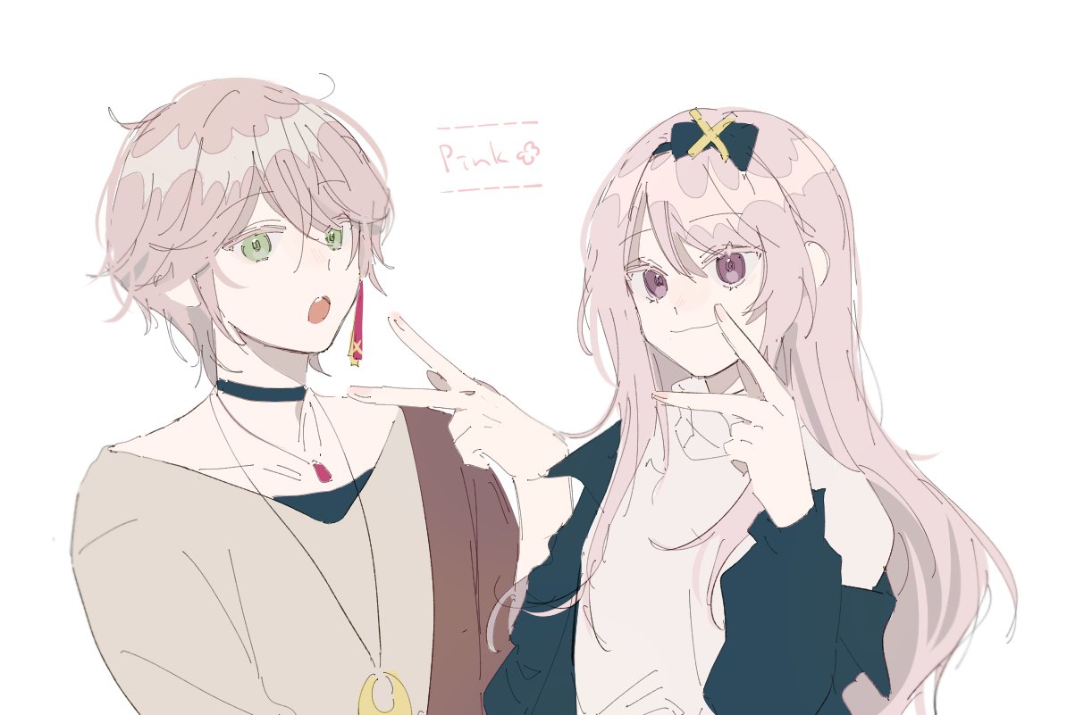 2boys, bangs, black_choker, black_jacket, choker, closed_mouth, collar, collarbone, eyebrows_visible_through_hair, hair_ornament, hairband, holostars, jacket, jewelry, lineart, long_hair, mong_0_0, multiple_boys, necklace, open_mouth, otoko_no_ko, pink_hair, rikka_(holostars), shirt, short_hair, simple_background, sketch, smile, sweater, trait_connection, tsukishita_kaoru, turtleneck, upper_body, v, violet_eyes, virtual_youtuber, white_background, white_shirt