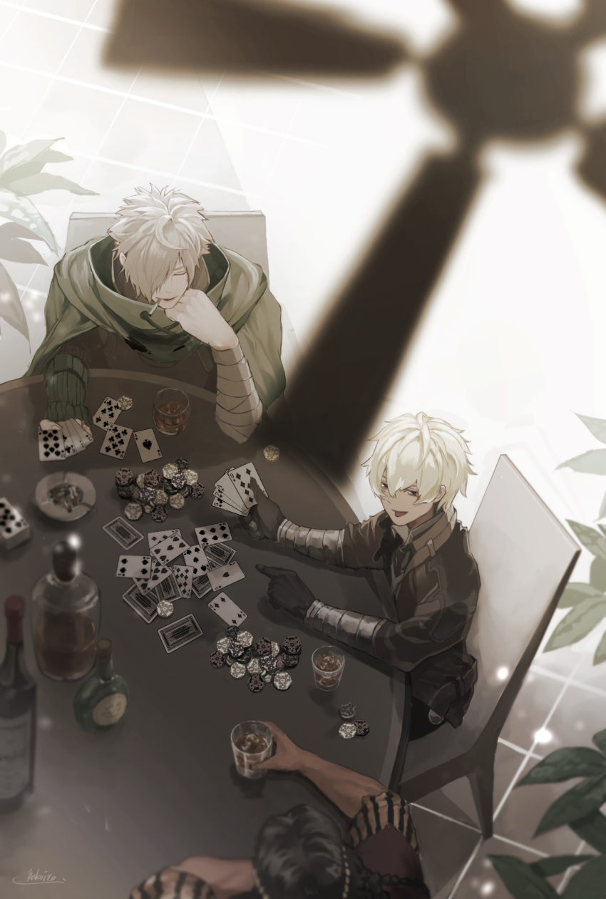 3boys, alcohol, ashtray, bandaged_arm, bandages, big_eye, billy_the_kid_(fate/grand_order), black_gloves, black_hair, blurry, bottle, braid, card, ceiling_fan, chair, cigarette, cloak, closed_eyes, cup, dark_skin, dark_skinned_male, deck, elbows_on_table, fan, fate_(series), fingernails, geronimo_(fate/grand_order), glint, gloves, green_cloak, hair_between_eyes, hair_over_one_eye, hakoito, half-closed_eyes, highres, holding, holding_card, holding_cup, long_hair, male_focus, multiple_boys, parted_lips, plant, playing_card, playing_games, pointing, poker_chip, potted_plant, robin_hood_(fate), signature, sitting, sleeves_rolled_up, smile, table, tongue, torn_cloak, torn_clothes, vambraces