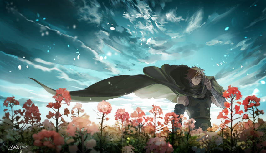 1boy, absurdres, bandaged_arm, bandages, brown_hair, cloak, clouds, cloudy_sky