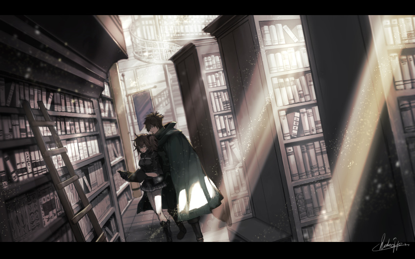 1boy, 1girl, black_gloves, black_scrunchie, book, bookshelf, brown_hair, character_request