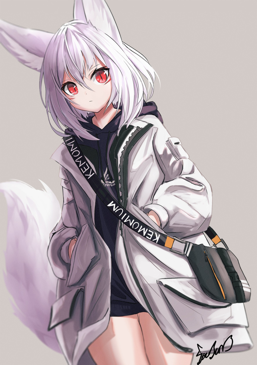 1girl, absurdres, animal_ears, bag, black_hoodie, blurry, depth_of_field, expressionless