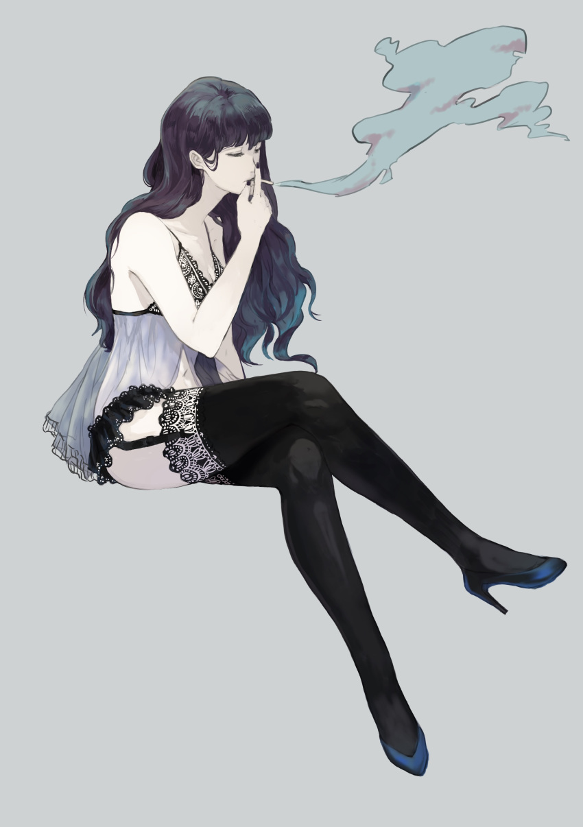 1girl, absurdres, bare_shoulders, black_hair, black_legwear, black_nails, blue_footwear, cigarette, closed_eyes, fingernails, grey_background, hakoito, high_heels, highres, holding, holding_cigarette, invisible_chair, lingerie, long_hair, navel, original, see-through, simple_background, sitting, smoke, smoking, solo, thigh-highs, underwear