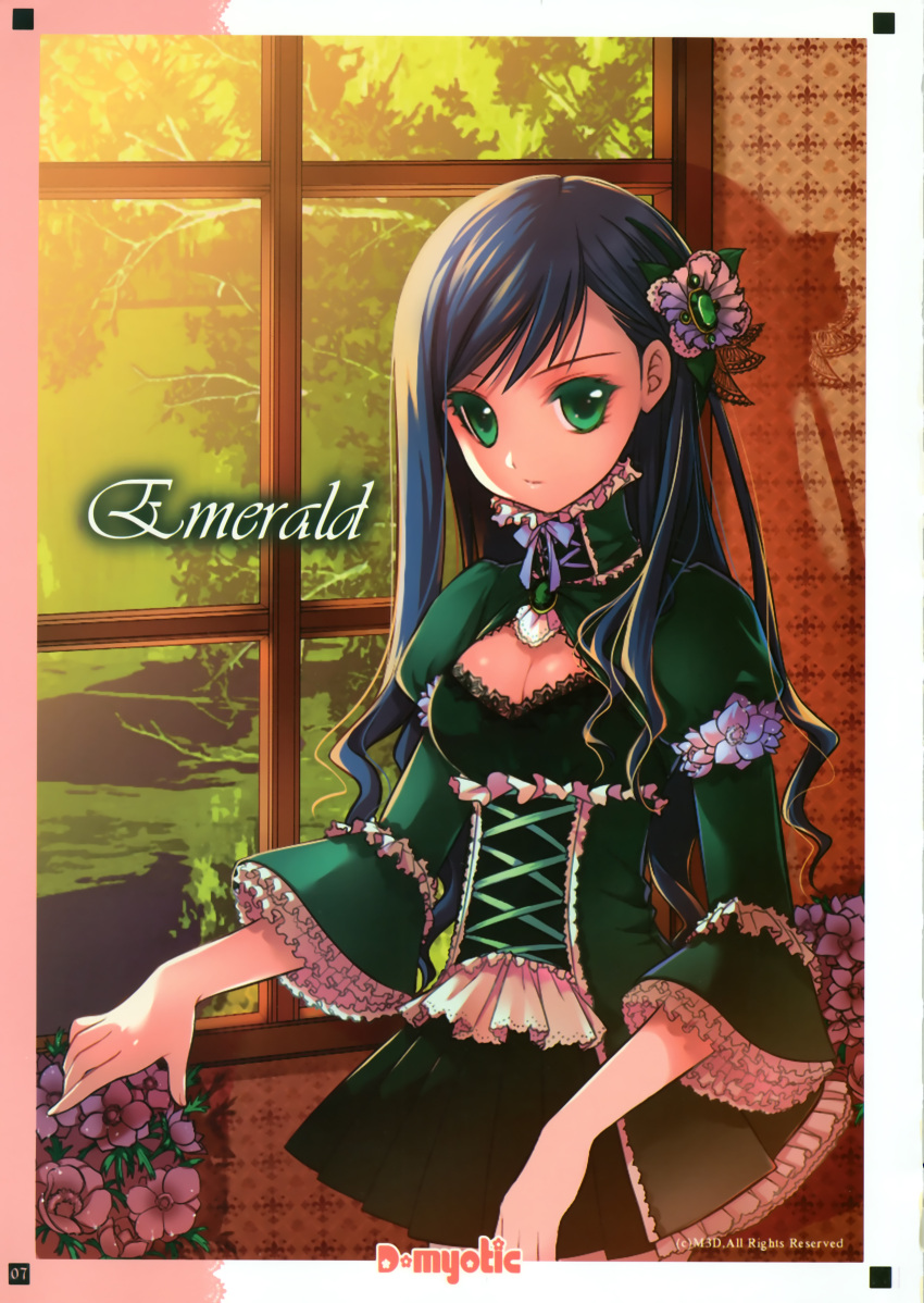 black_hair, blue_hair, breasts, cleavage, d_myo, dmyotic, flower, gothic