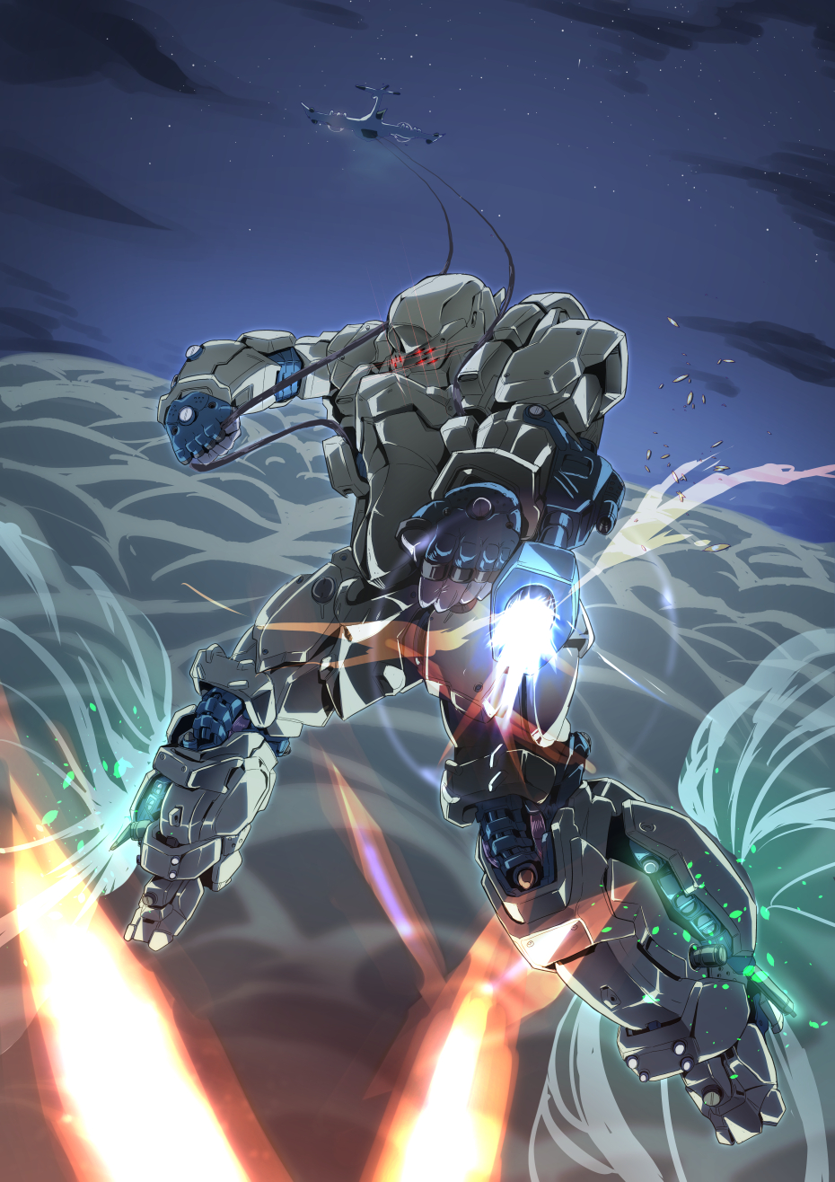 aircraft, airplane, clenched_hand, clouds, firing, flying, gasaraki, glowing, glowing_eyes, gun, highres, joints, mecha, no_humans, raiden_(gasaraki), robot_joints, sakusakusakurai, weapon, wire