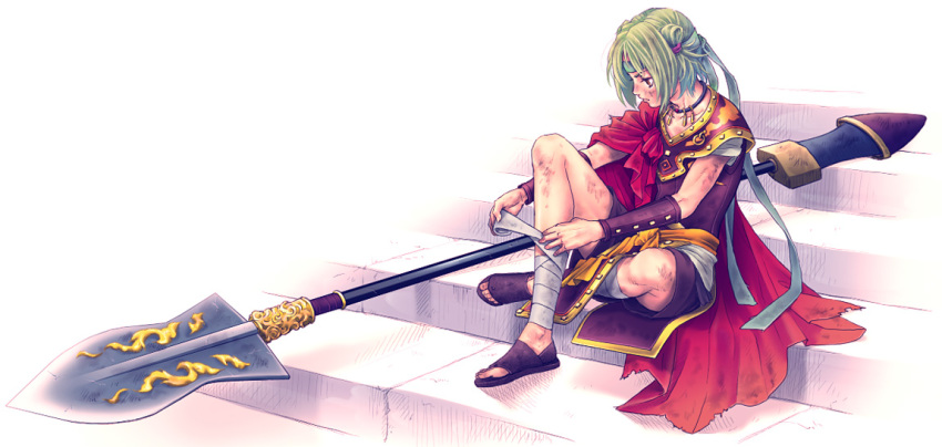 1boy, bandaged_leg, bandages, dirty, dirty_clothes, dirty_face, frown, futsuhiko
