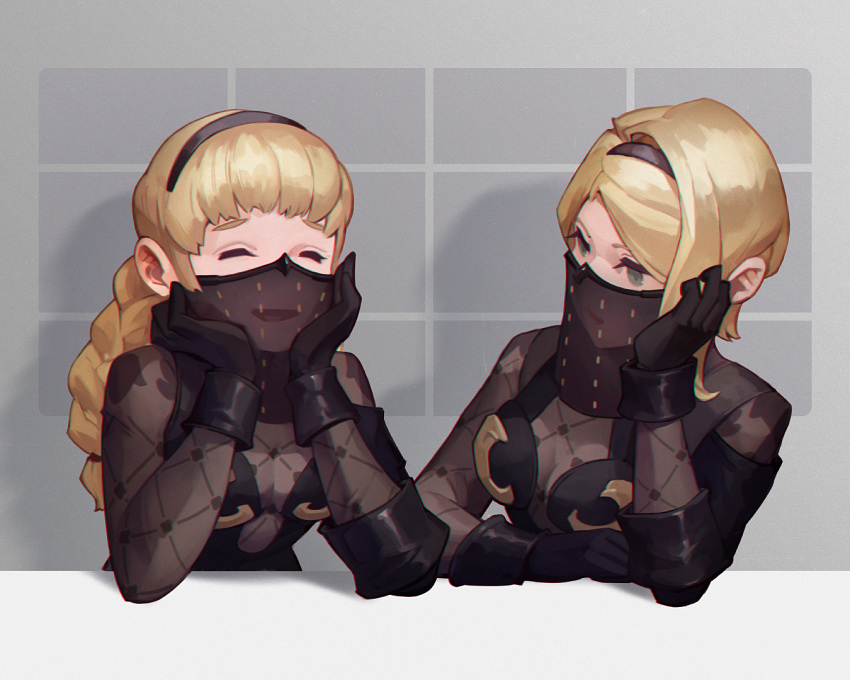 2girls, black_gloves, black_hairband, blonde_hair, closed_eyes, gloves, green_eyes, hairband