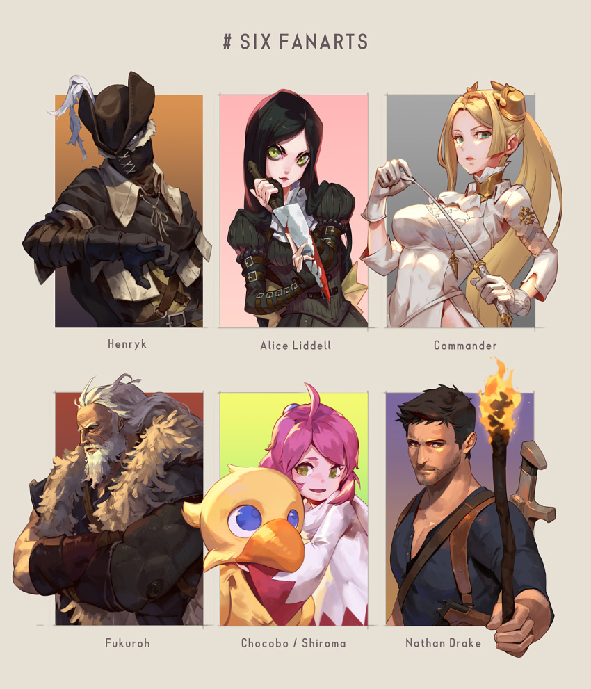 3boys, 3girls, ahoge, alice:_madness_returns, arm_belt, bandaged_arm, bandages, beard