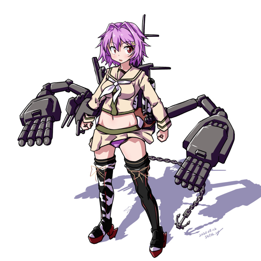 1girl, 547th_sy, anchor, animal_print, asymmetrical_legwear, beige_sailor_collar, beige_serafuku, beige_skirt