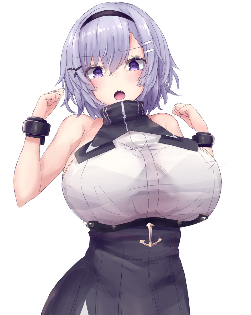 1girl, anchor, arms_up, azur_lane, bare_shoulders, black_hairband, blush, breasts