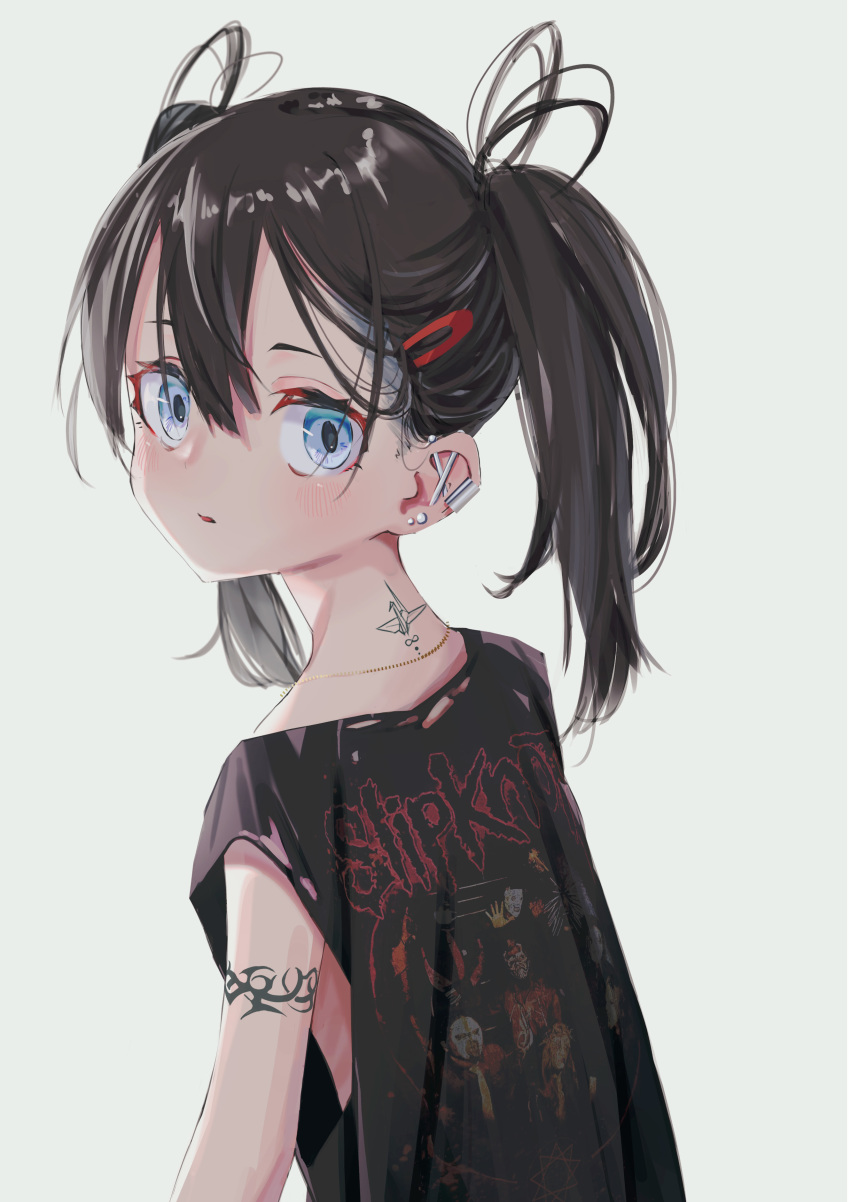 1girl, absurdres, bangs, blue_eyes, brown_hair, child, earrings, from_side