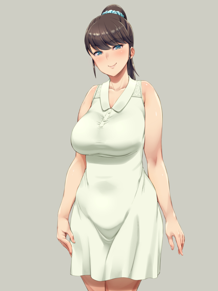 1girl, bangs, blue_eyes, breasts, brown_hair, dress, eyebrows_visible_through_hair, grey_background
