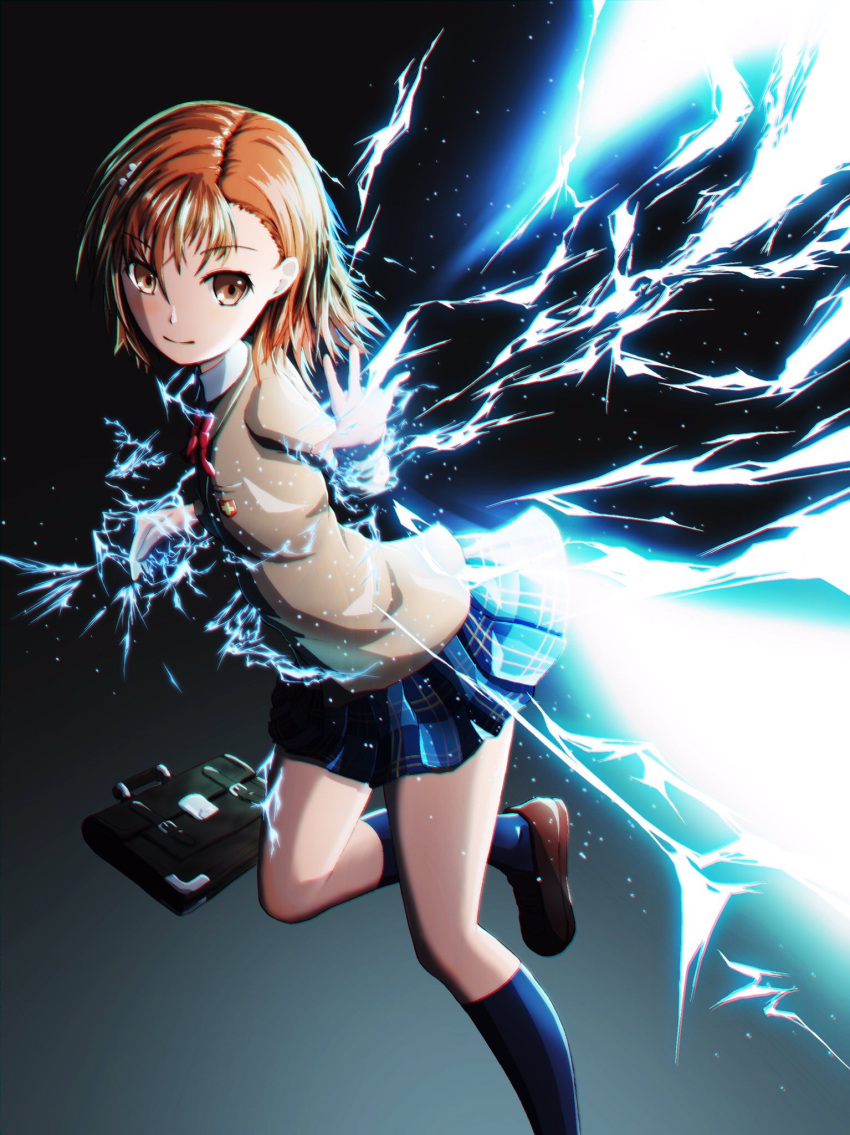 1girl, aqua_background, asymmetrical_bangs, bag, bangs, biribiri, black_background, black_legwear