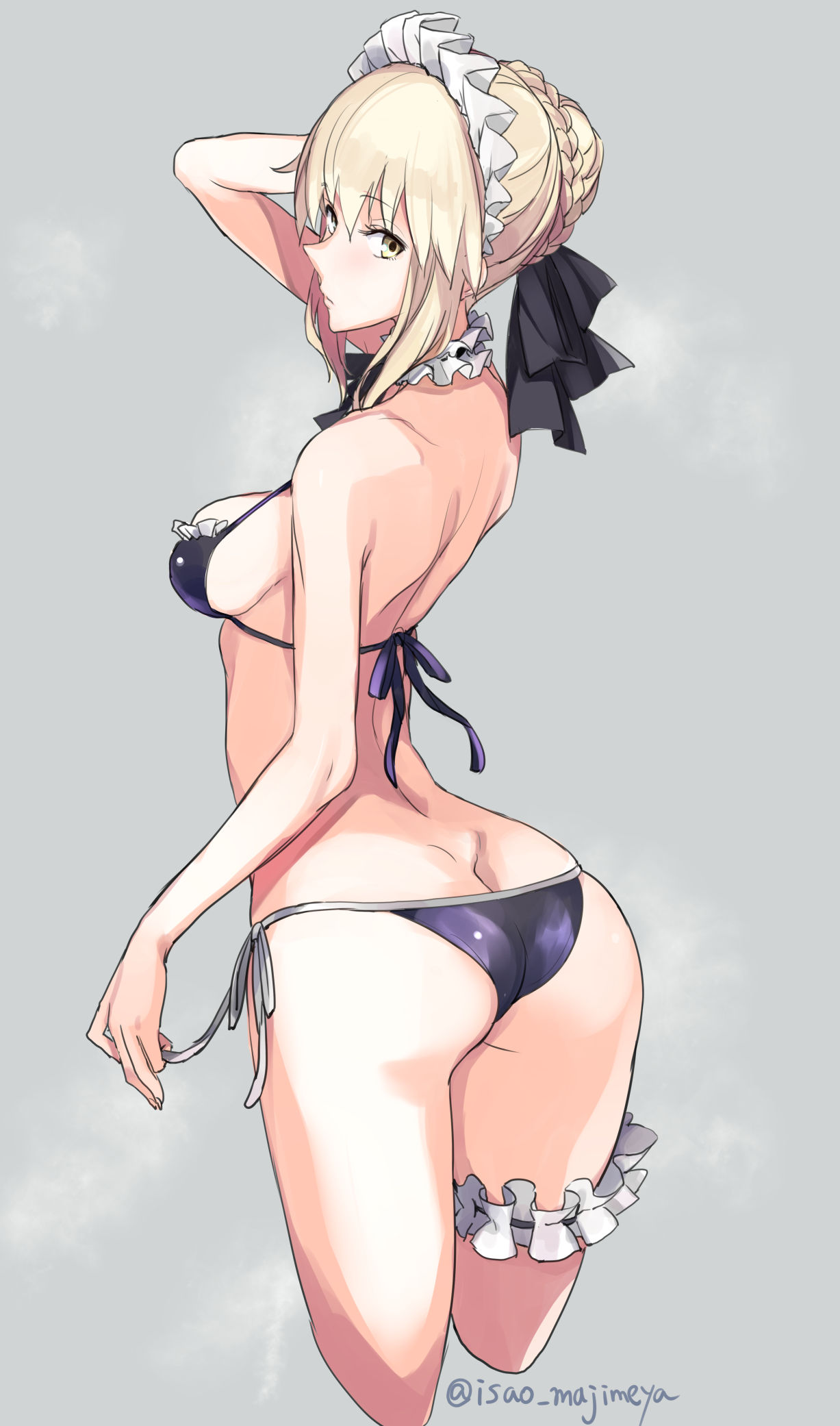 1girl, artoria_pendragon_(all), artoria_pendragon_(swimsuit_rider_alter), ass, bangs, bikini, black_bikini, blonde_hair