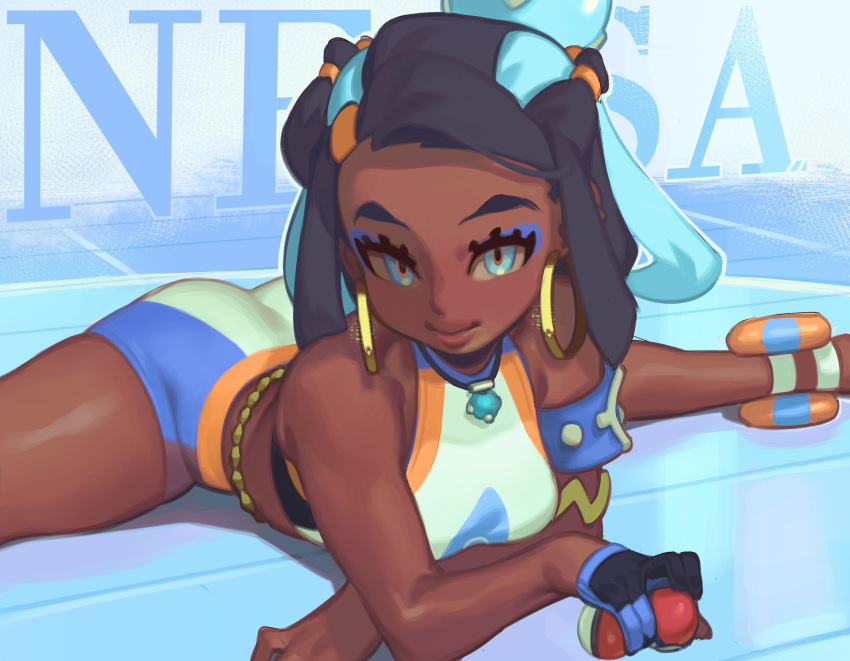 1girl, aqua_eyes, aqua_hair, armband, armlet, ass, belly_chain, black_hair