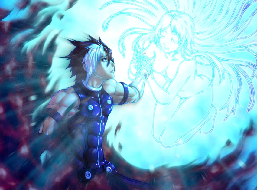 1boy, 1girl, closed_eyes, ghost, holding_hands, isolde, kuroshio_(zung-man), long_hair