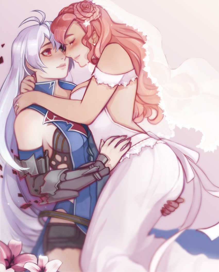 2girls, absurdres, alternate_costume, arnas_(yoru_no_nai_kuni), blush, couple, dress, happy