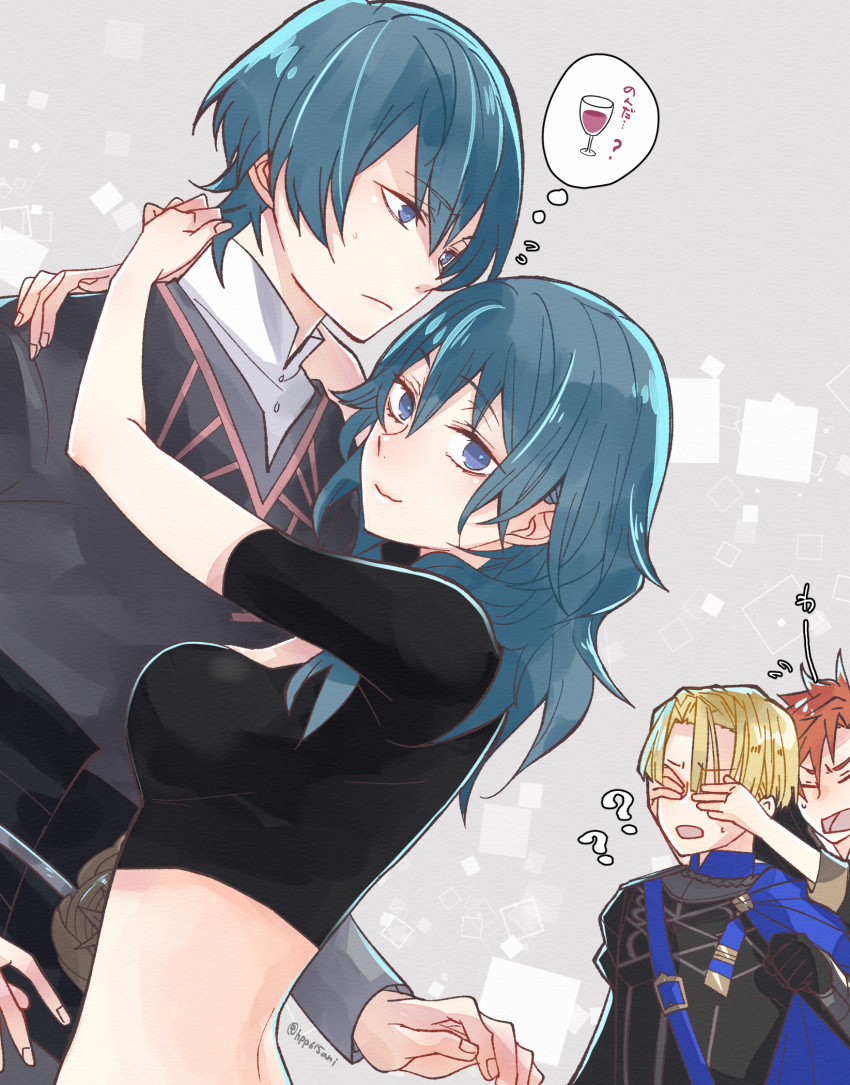 1girl, 3boys, ?, back, black_shirt, black_vest, blonde_hair, blue_capelet