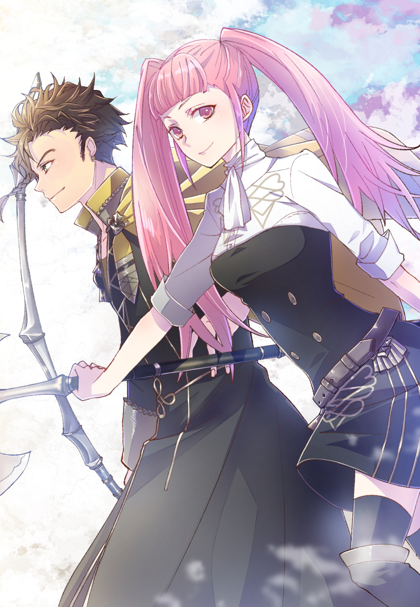 1boy, 1girl, axe, bangs, belt, black_dress, black_footwear, black_legwear, blunt_bangs, boots, bow_(weapon), breasts, brown_hair, claude_von_riegan, closed_mouth, cowboy_shot, double-breasted, dress, earrings, eyelashes, fire_emblem, fire_emblem:_three_houses, from_side, garreg_mach_monastery_uniform, green_eyes, highres, hilda_valentine_goneril, jewelry, lips, long_hair, looking_at_viewer, medium_breasts, nakaya_(drwh7757), off-shoulder_dress, off_shoulder, pink_eyes, pink_hair, profile, short_dress, short_hair, short_sleeves, side-by-side, sideburns, smile, spiky_hair, thigh-highs, thigh_boots, thighhighs_under_boots, thighs, twintails, walking, weapon, yellow_capelet