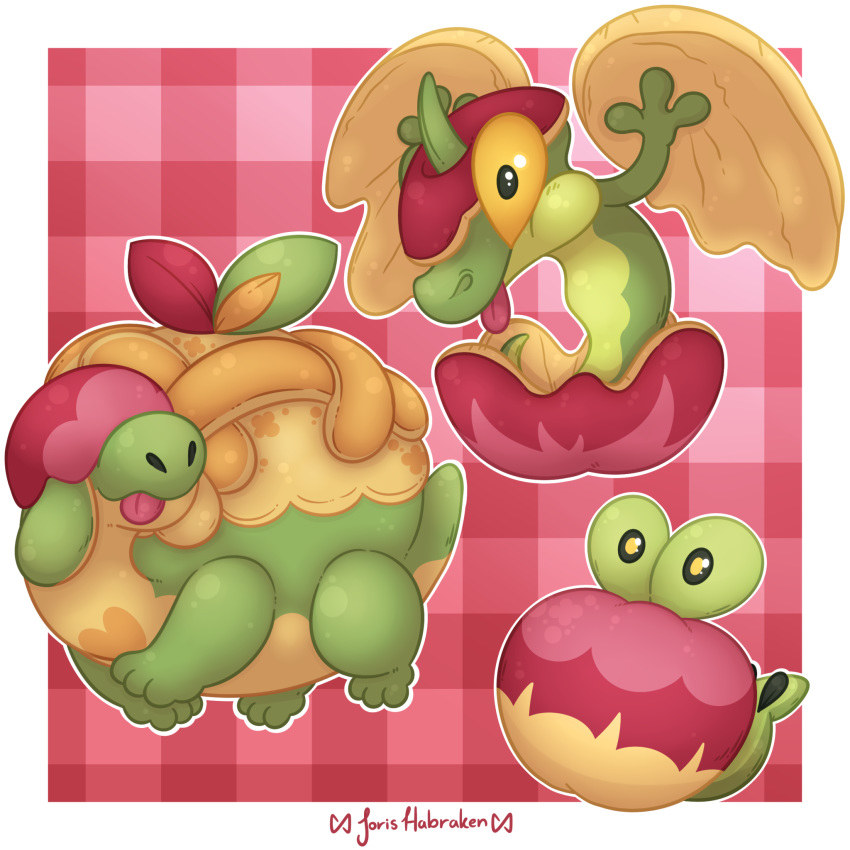 appletun, applin, commentary, creature, english_commentary, flapple, full_body, gen_8_pokemon, highres, joris_habraken, no_humans, pokemon, pokemon_(creature), signature, tongue, tongue_out
