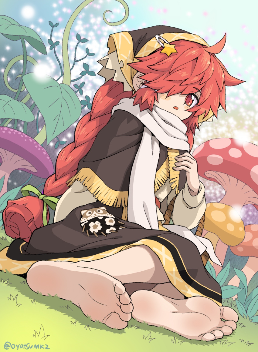1girl, barefoot, basket, braid, cape, dress, feet, grey_scarf