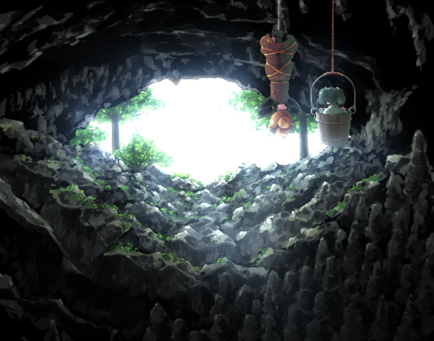 2girls, arms_behind_head, black_footwear, black_sleeves, blonde_hair, brown_dress, bucket, cave