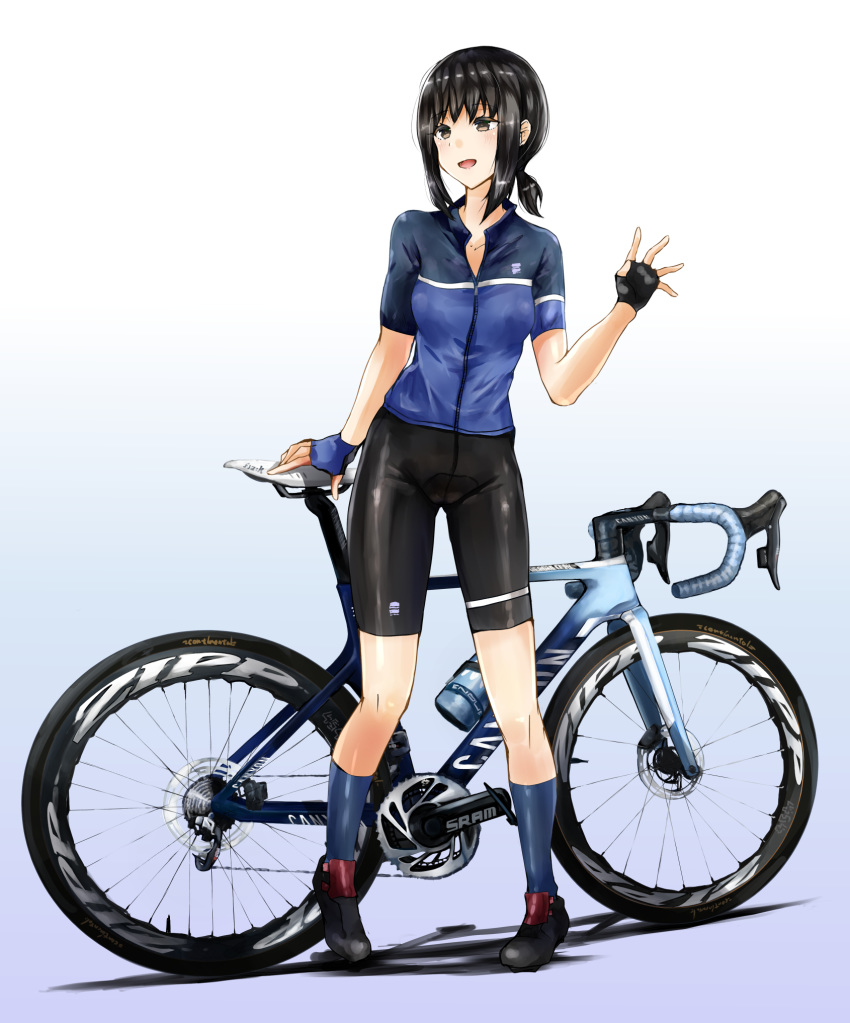 1girl, alternate_costume, bicycle, bike_shorts, black_eyes, black_footwear, black_hair, black_shorts