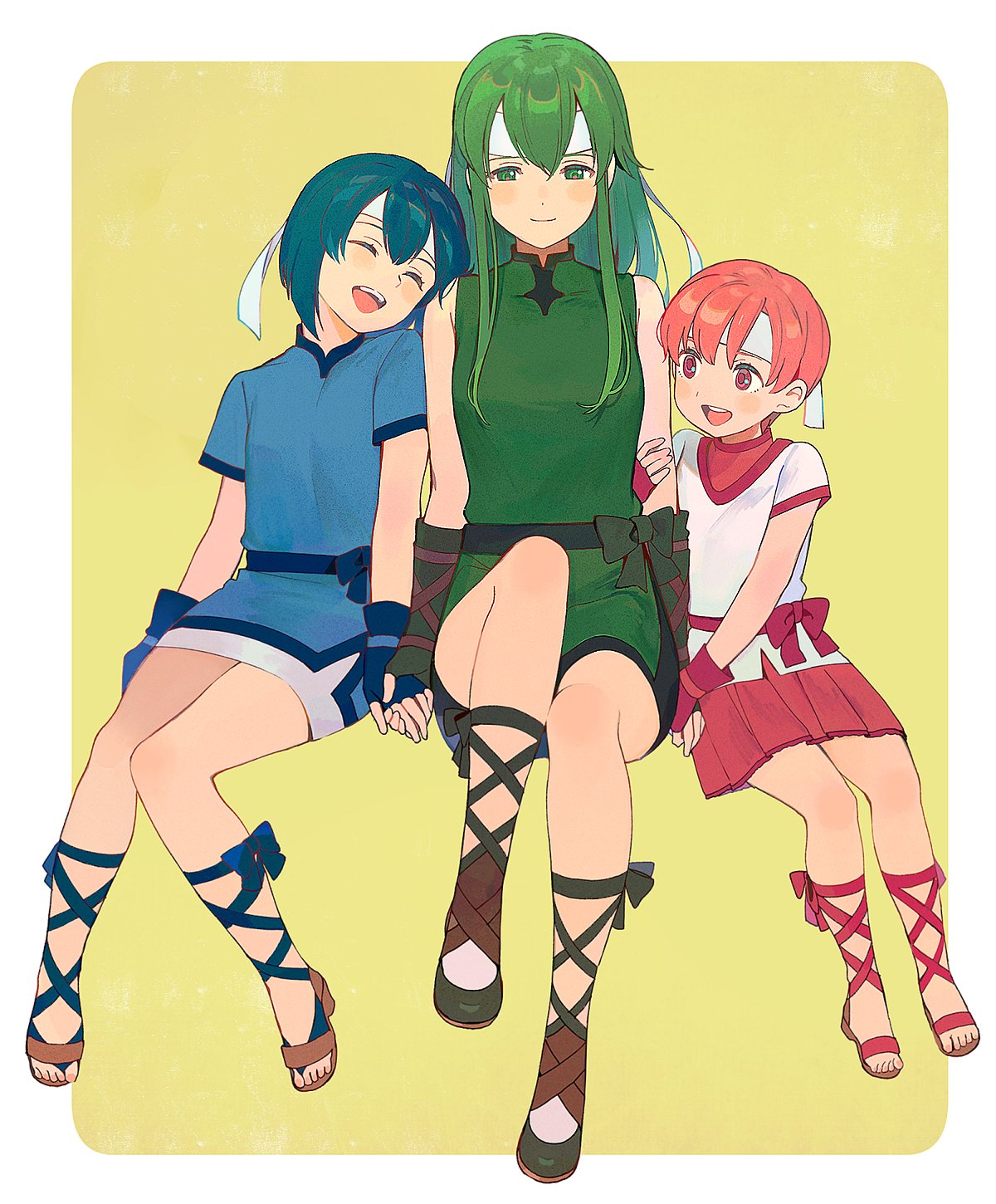 3girls, blue_gloves, blue_hair, catria_(fire_emblem), closed_eyes, closed_mouth, dress, est_(fire_emblem)