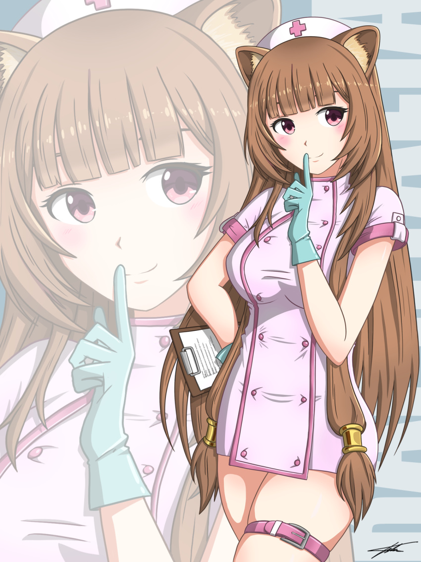 1girl, alternate_costume, animal_ears, bangs, breasts, brown_hair, commentary, commission