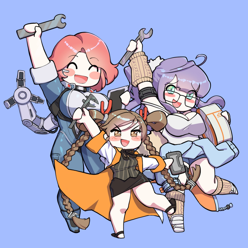 3girls, ahoge, black_skirt, blue_background, blush_stickers, braid, breasts, brown_eyes