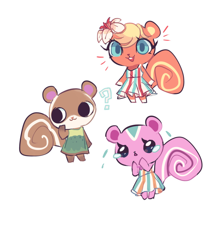 3girls, :d, blonde_hair, caroline_(doubutsu_no_mori), charamells, commentary, doubutsu_no_mori, dress, english_commentary, flower, full_body, hair_flower, hair_ornament, highres, momoko_(doubutsu_no_mori), monpe_(doubutsu_no_mori), multiple_girls, no_humans, open_mouth, sad, simple_background, smile, squirrel, striped, striped_dress, tears, white_background